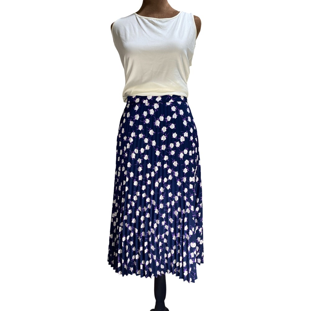 J.Crew Navy Blue Floral Pleated Midi Skirt Petite 4P Purple White Flowers A-Line - Picture 3 of 10
